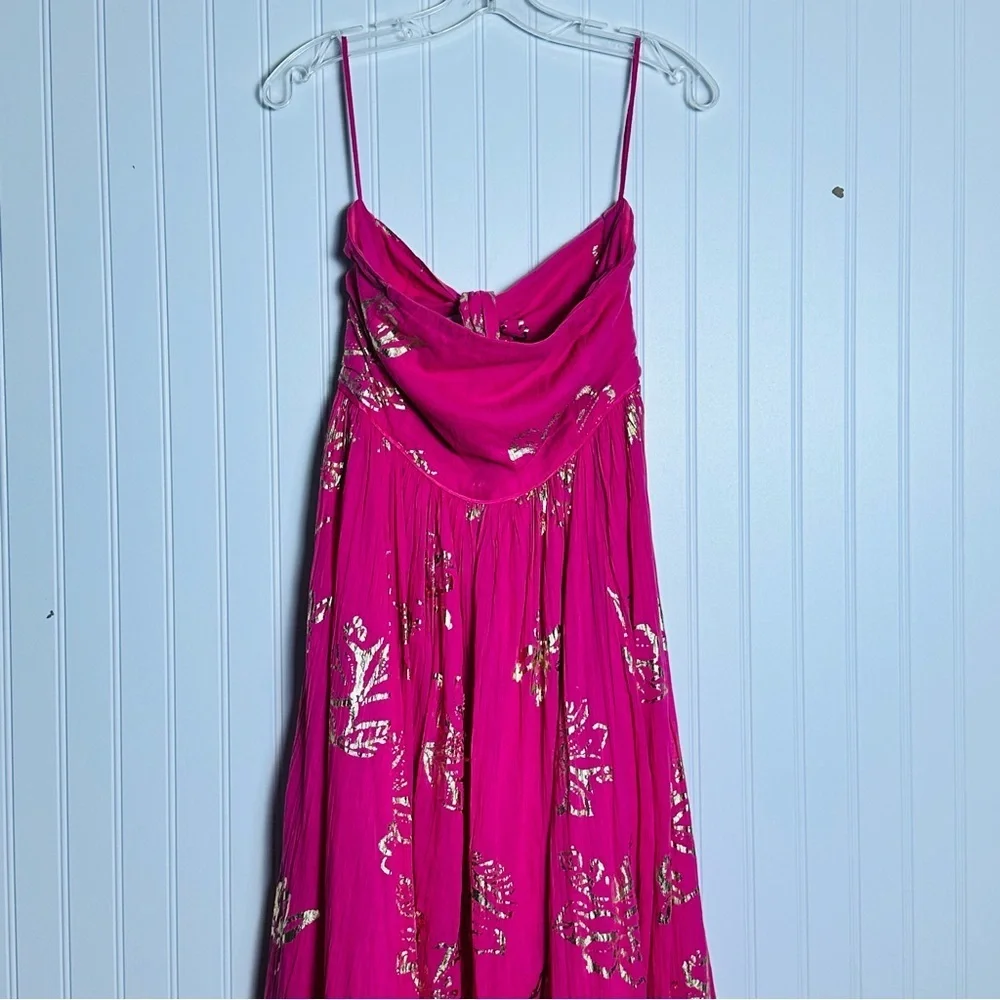 Free People Baja Babe Midi Dress Hot Pink Combo Metallic Gold XL Floral Cotton - Picture 6 of 14